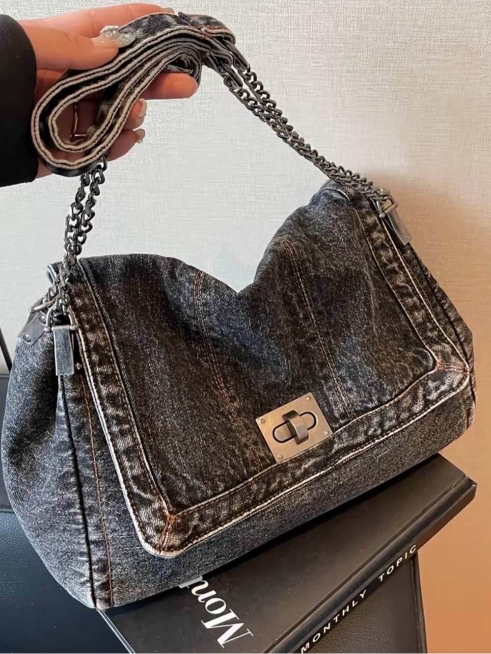 Denim Shoulder Bag with Chain Detail - Black